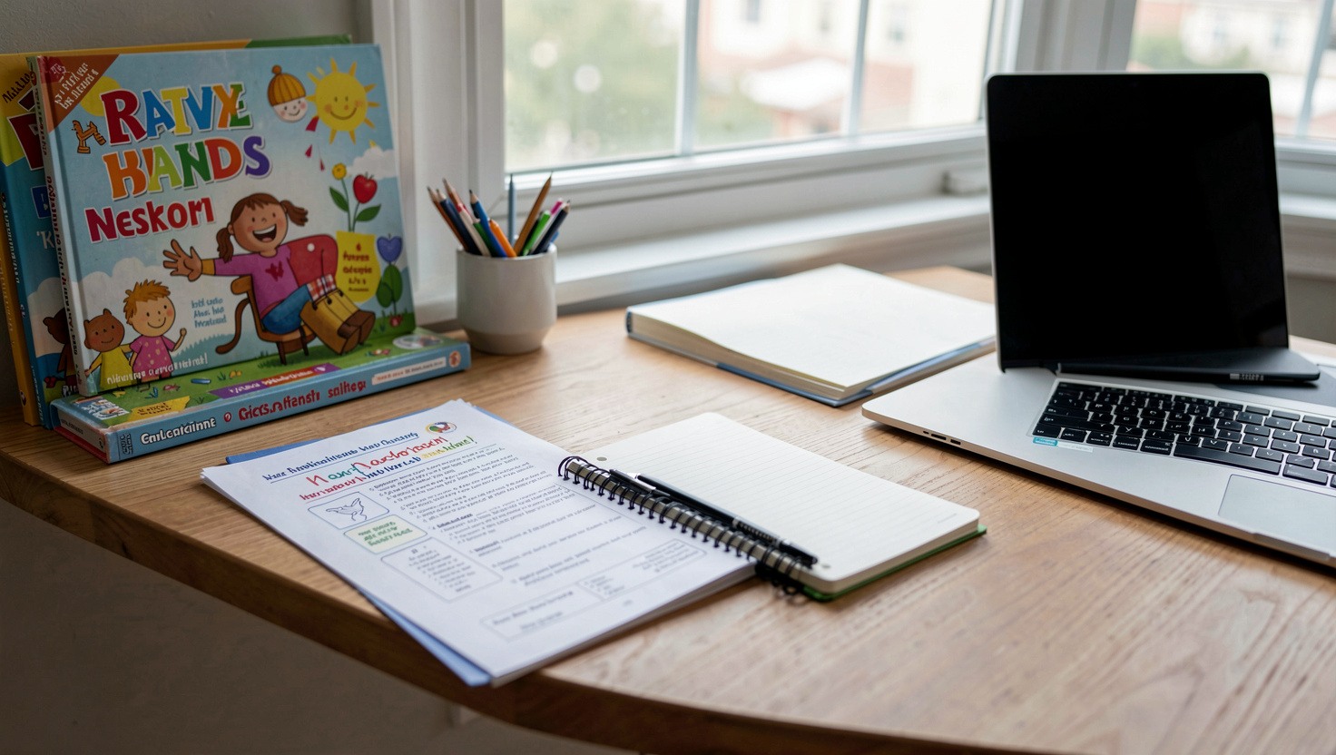 A working desk with childrens books, a printed style sheet, a notebook and a laptop under a window in flat daylight.