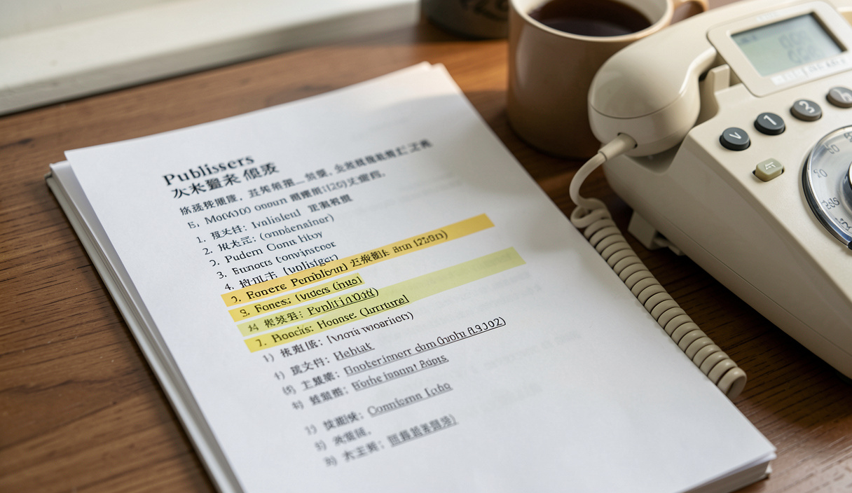 A printed list of publishers and agents with several lines highlighted lies beside a phone and a cup on a desk.