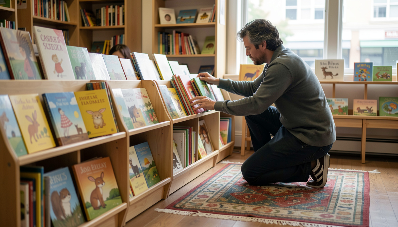 A bookseller reshelves picture books on a low childrens display in a small independent shop with a reading rug.