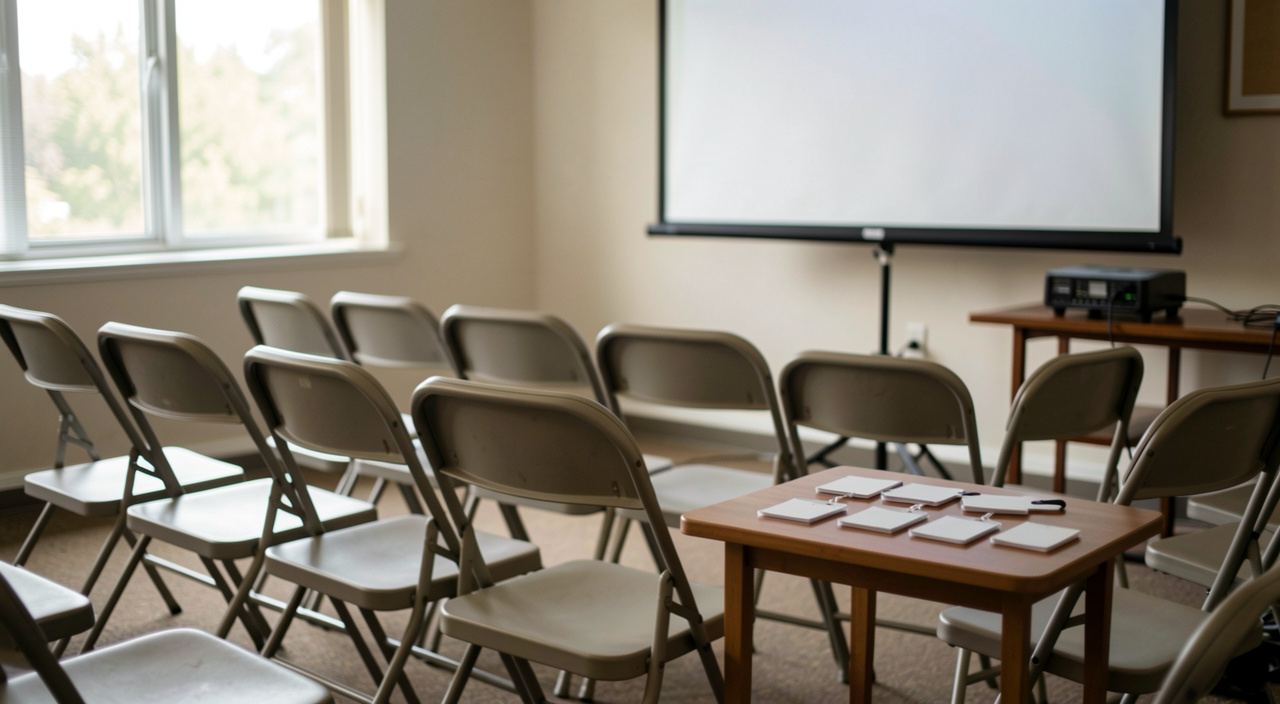 A meeting room with folding chairs and a projector screen set up for a talk, name badges laid out on a side table.