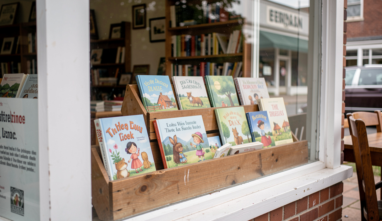 A low wooden bookcase against a pale wall in a church hallway, morning light from a side window falling across a row of children's picture books, one book pulled slightly forward, shot straight on at shelf height.