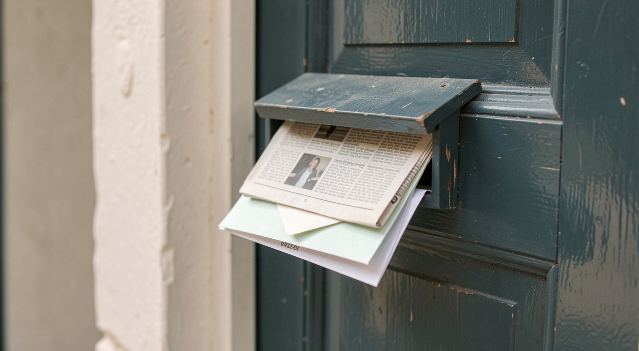 A small letterbox beside a painted door with a folded newspaper and a couple of envelopes tucked under the flap.