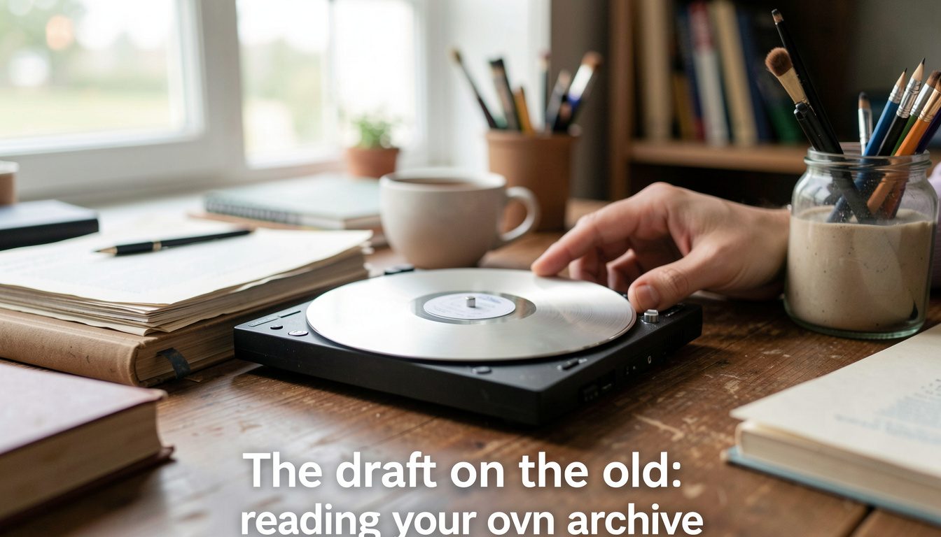 A box of floppy disks and old CDs beside a modern laptop with a printed chapter half out of a paper sleeve.