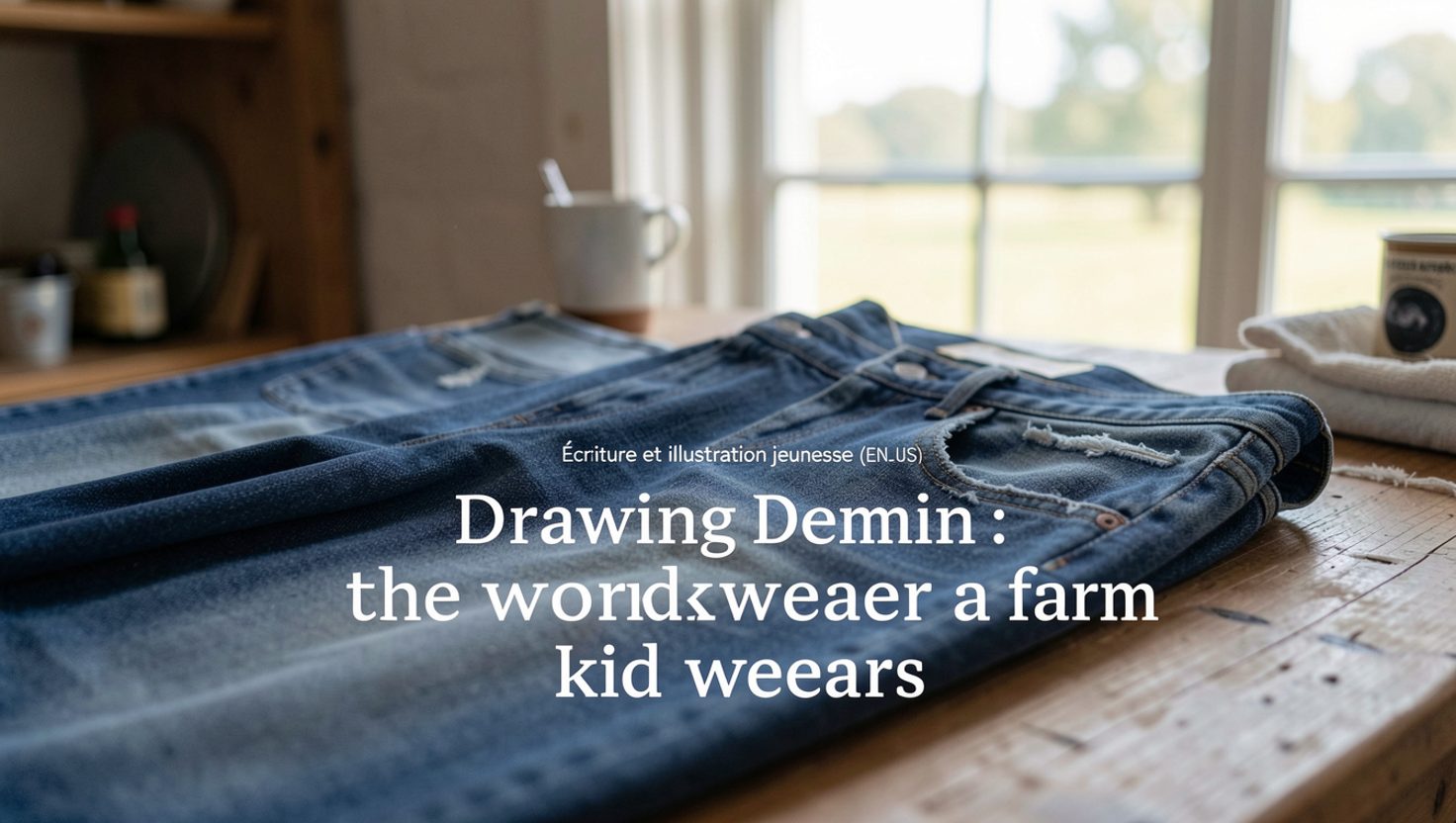 Close view of a pair of worn denim overalls laid flat beside a sketchbook with studies of seams, rivets and fading.
