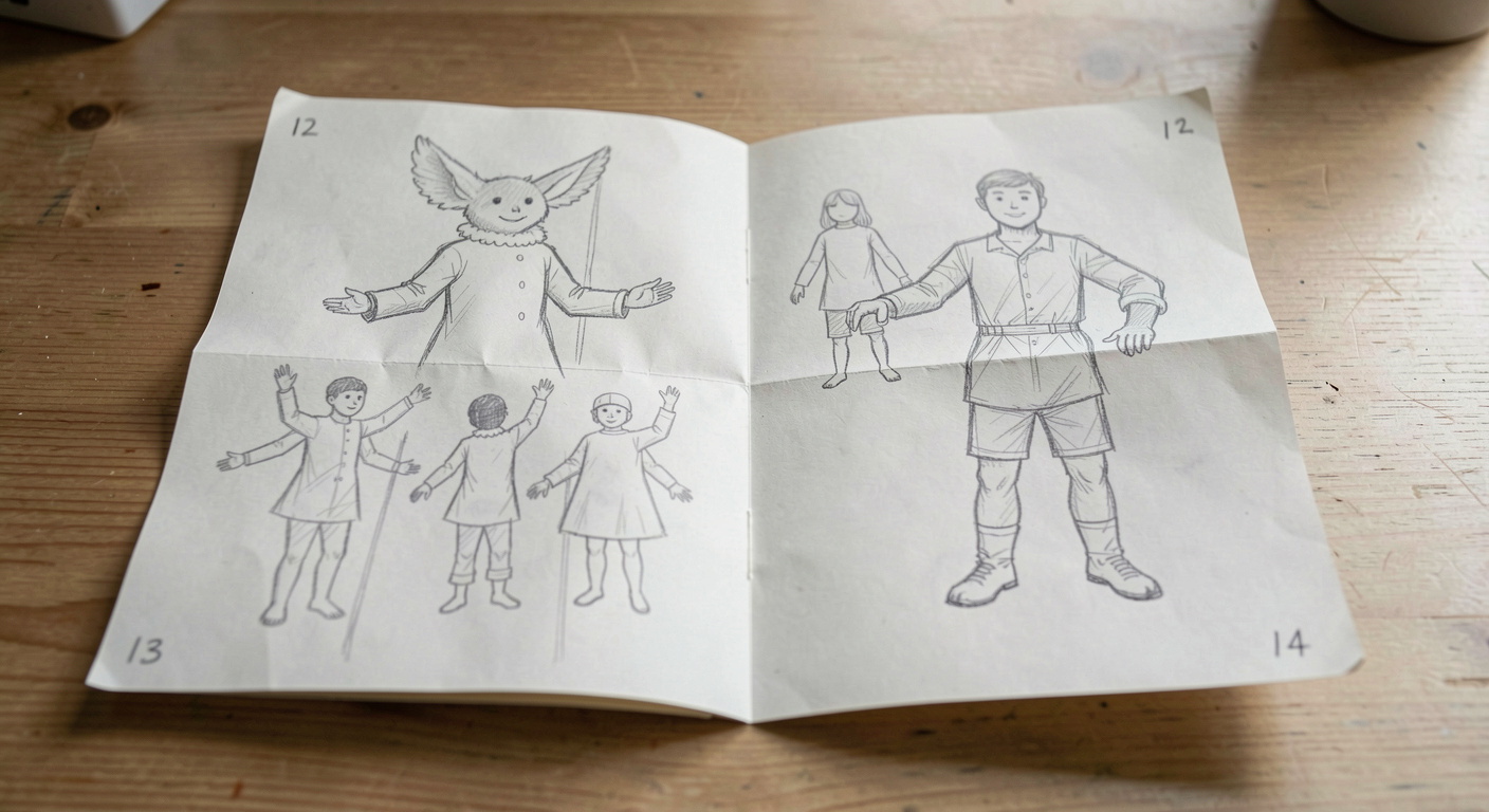 A hand folded paper dummy open at a spread with rough pencil thumbnails and page numbers written in the corners.