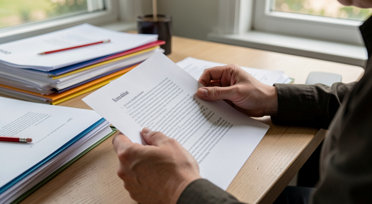 An editor reads the first page of a printed manuscript at a desk stacked with submission folders and a red pencil.
