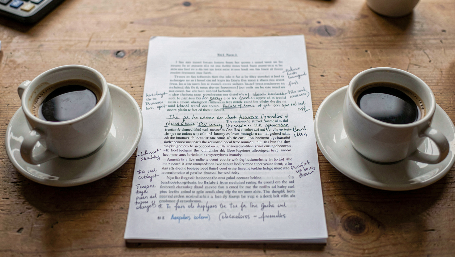 A printed chapter covered in margin notes in two different hands sits between two coffee cups on a shared table.