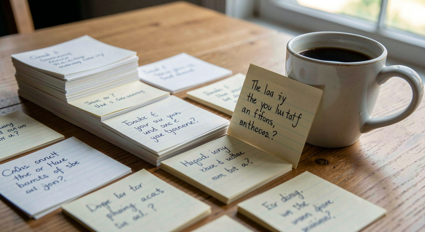 A stack of index cards with handwritten questions spread across a table, one card propped against a coffee cup.