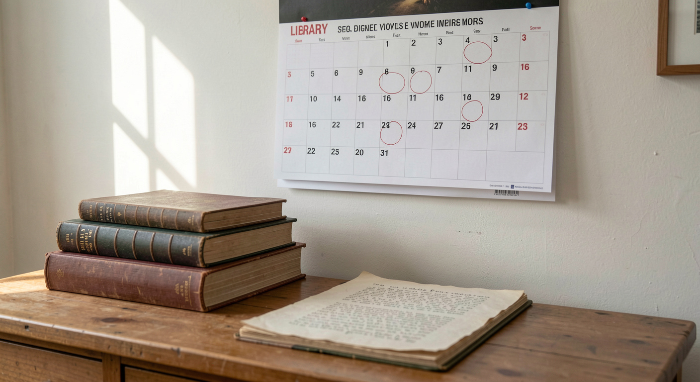 A wall calendar with a few days circled hangs above a desk holding a library stack and a printed manuscript.