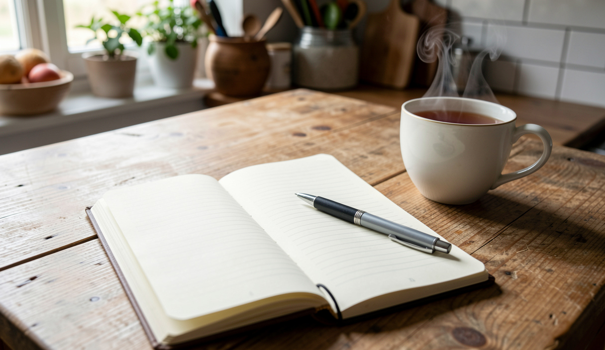 An early morning kitchen table with a notebook open at a half filled page, a pen across it and a cooling cup of tea.