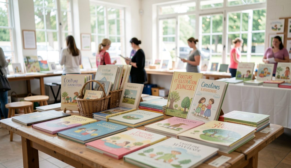 A low table at a book fair with baskets of yarn, children sized knitting needles and a jar of finished samples.