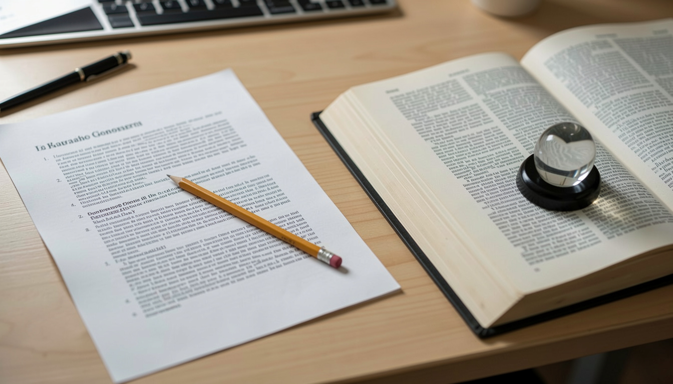 A printed style sheet marked with a pencil lies on a desk beside a dictionary held open with a paperweight.