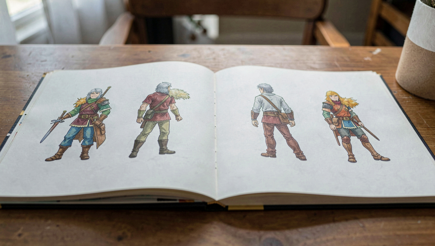 An illustration portfolio lies open on a table showing a character drawn in four different poses on facing pages.