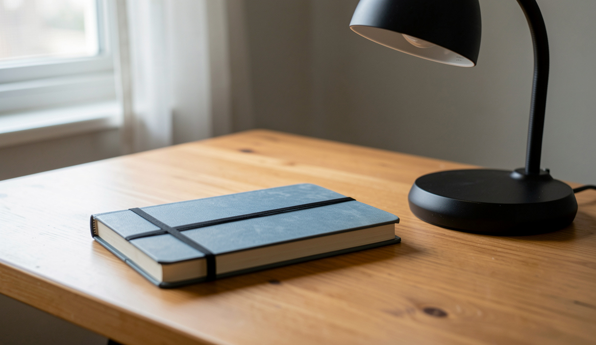 A closed notebook with an elastic band on an otherwise empty wooden table beside a switched off desk lamp.