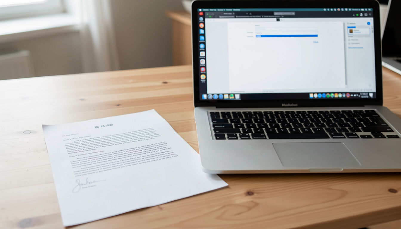 A single page query letter printed and lying on a desk next to a laptop showing an empty email compose window.