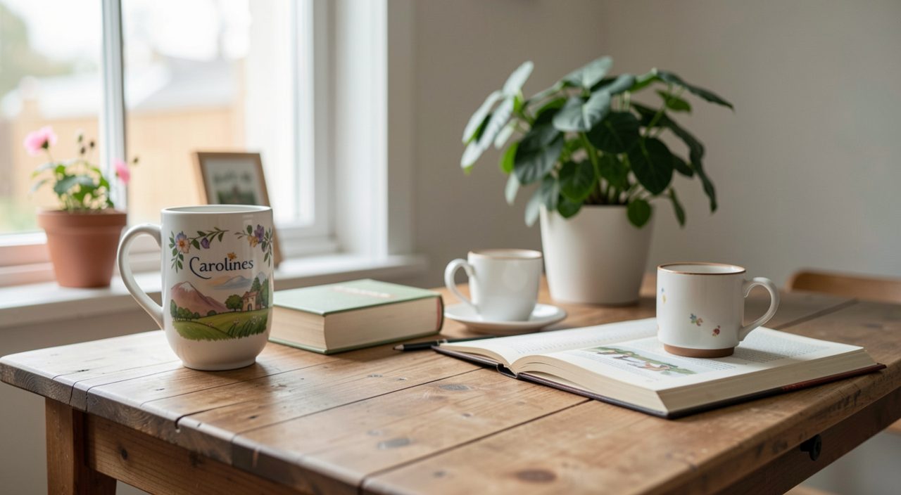 A laptop on a kitchen table open to a simple author website beside a notebook headed with a handwritten newsletter plan.