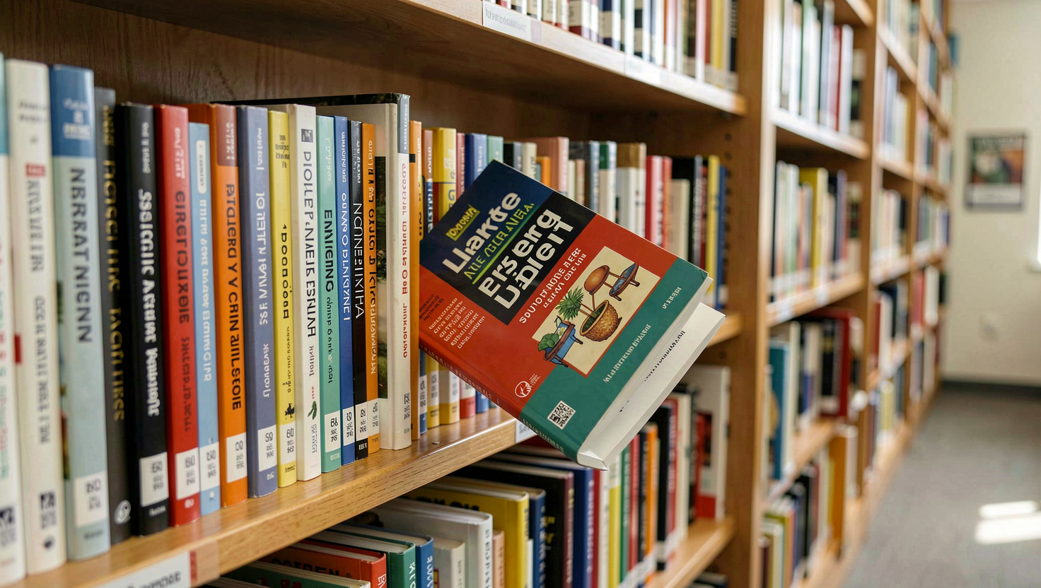 A library reference shelf with writing handbooks and market guides, one volume pulled halfway out of the row.