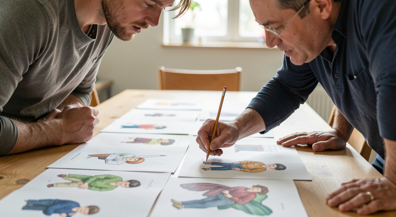 Two people lean over a spread of illustration prints on a long table, one pointing at a detail with a pencil.
