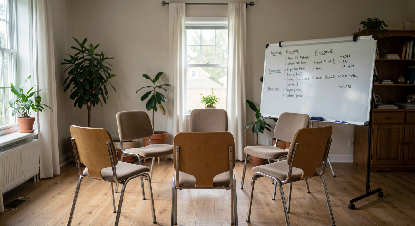 A handwritten agenda on a flip chart in a community room with five empty chairs arranged in a loose circle.