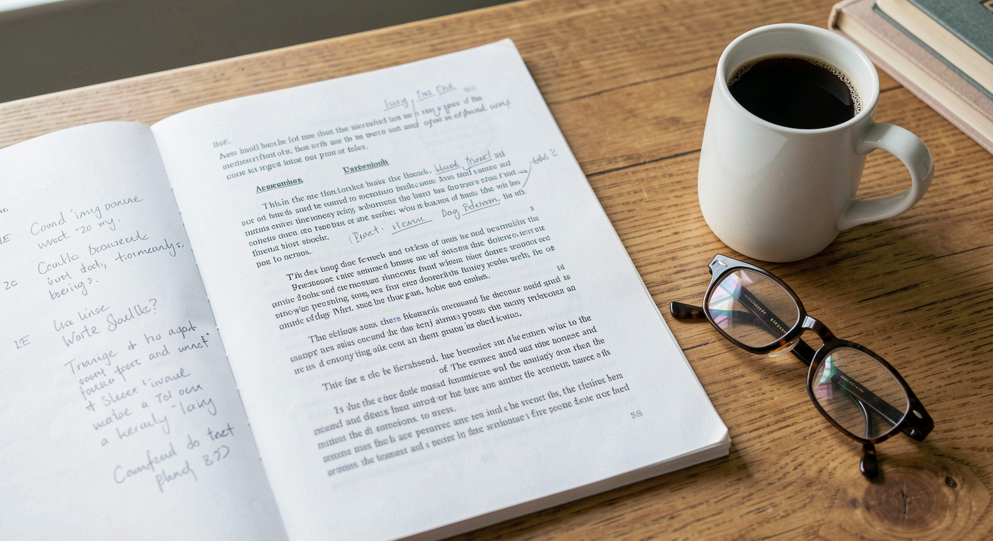 A marked up double spaced manuscript covered in pencil notes lies beside a mug and a pair of reading glasses on a wooden desk.