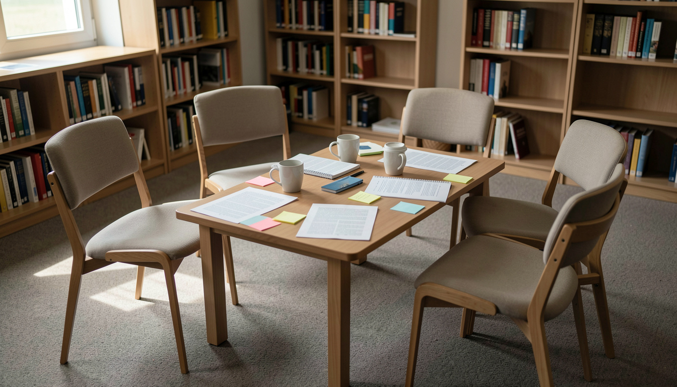 Four chairs pulled around a low table in a library meeting room with printed chapters, sticky notes and half full coffee cups.