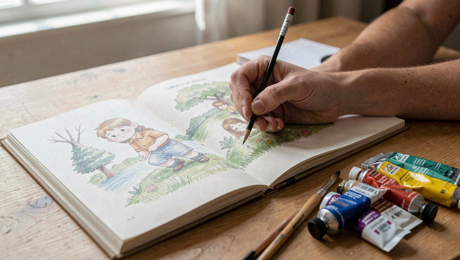 An illustrator thumbnails a picture book across a folded paper dummy with a pencil, brushes and gouache tubes to one side.