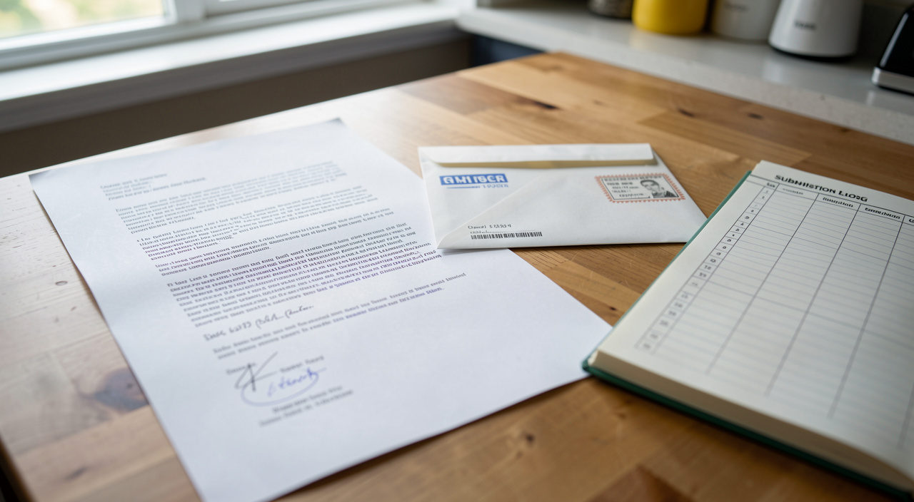 A printed query letter, a stamped envelope and a submission log notebook laid out on a kitchen table in morning light.