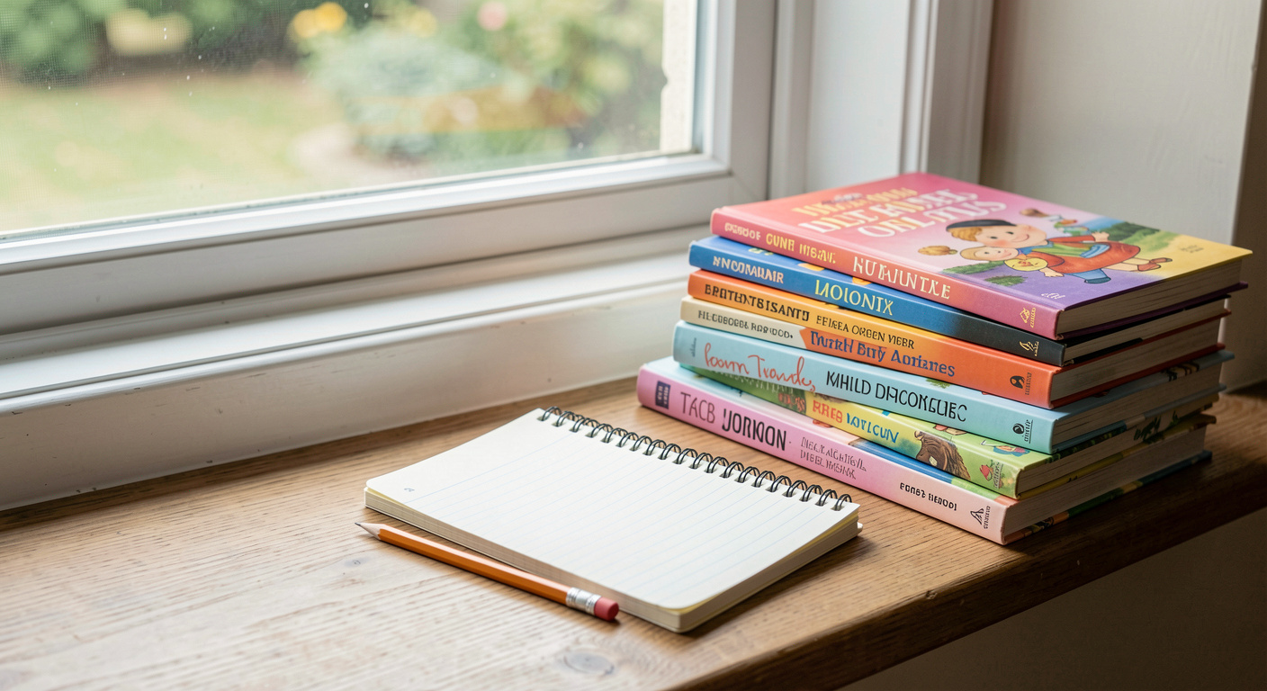 A stack of childrens novels and picture books beside a fresh notebook and a sharpened pencil on a window seat in daylight.