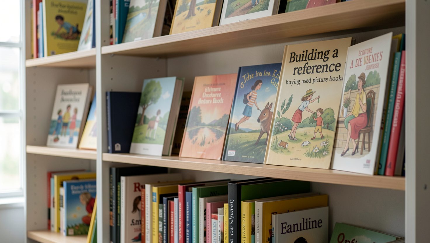 A cardboard box of used picture books with worn dust jackets on a wooden floor beside a desk lamp and a price list.